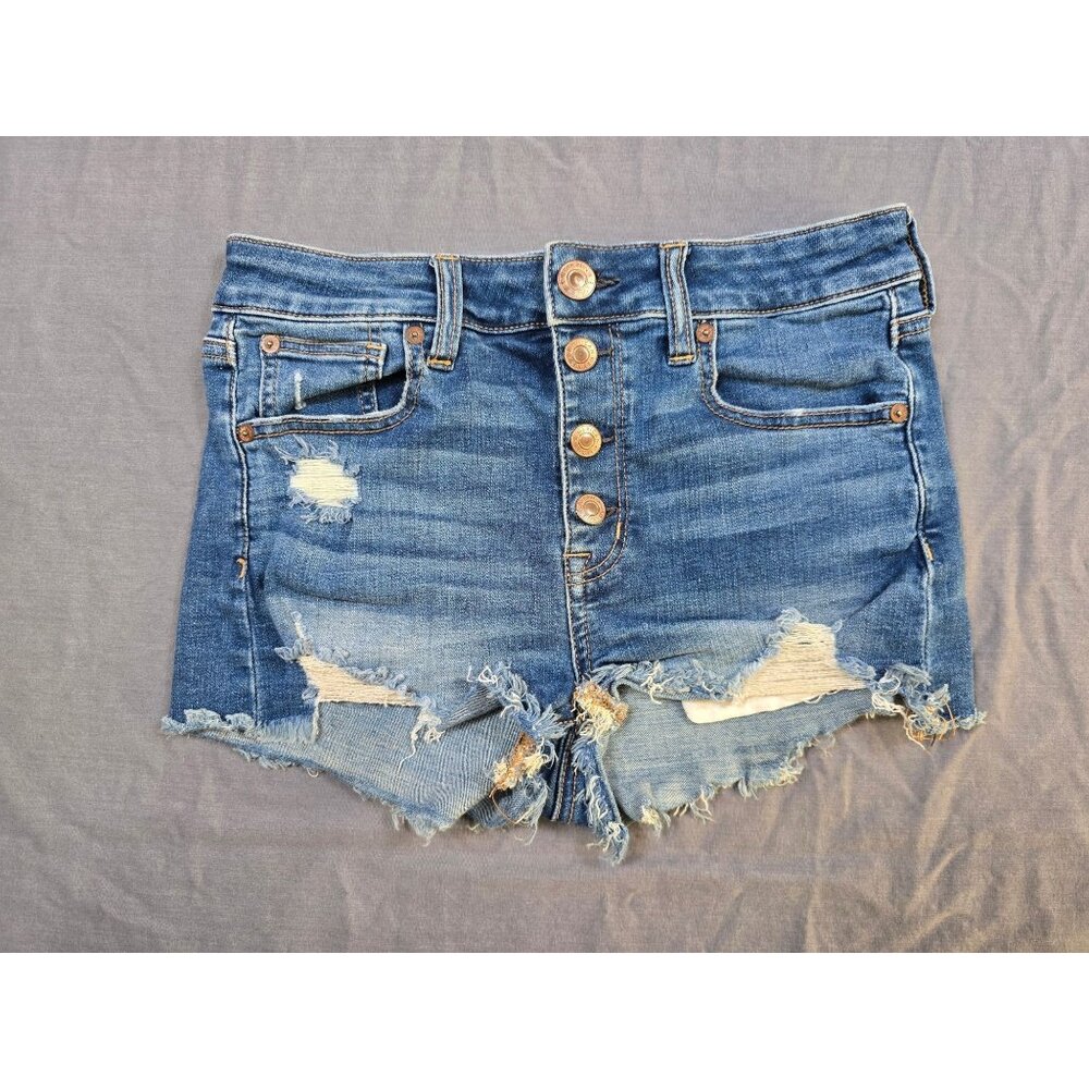 American Eagle Hi Rise Shortie Denim Shorts 4 Super Stretch Frayed Hem Distresse